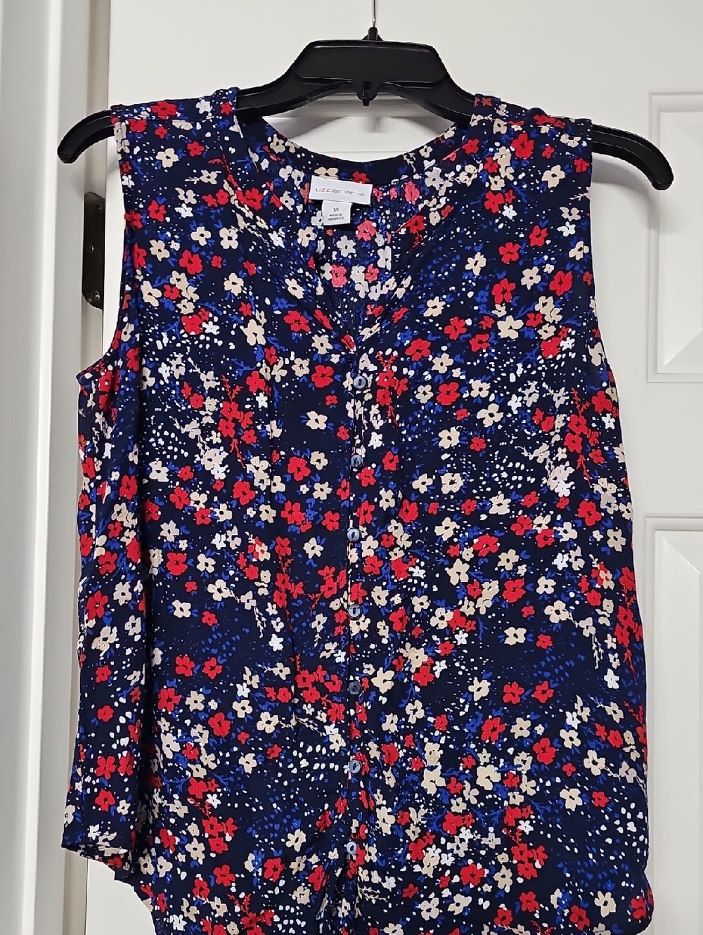 Liz Claiborne Navy Floral Sleeveless Camisole with Red and Cream Blooms